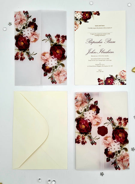 ABC 1095 Maroon & Peachy Pink Floral Translucent Vellum A5 Invitation