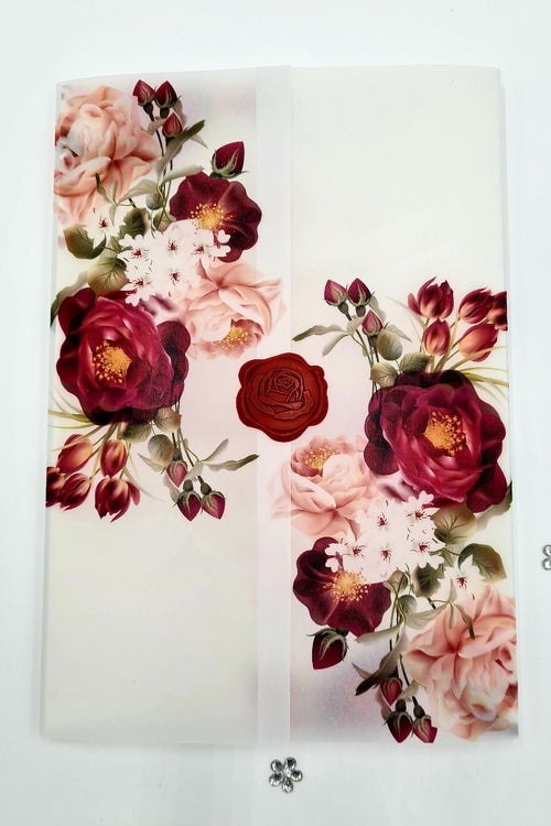 Load image into Gallery viewer, ABC 1095 Maroon &amp; Peachy Pink Floral Translucent Vellum A5 Invitation
