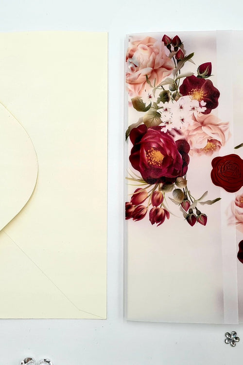 Load image into Gallery viewer, ABC 1095 Maroon &amp; Peachy Pink Floral Translucent Vellum A5 Invitation
