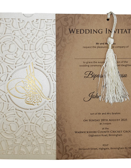 Open view of SC 2670 Invitation, revealing the insert slotted into the laser-cut pocket, with the text visible through the intricate design and a tassel adding a luxurious touch