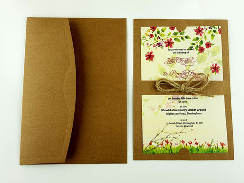 Load image into Gallery viewer, SC 2766 Layered kraft, twine burgundy and green floral invitation
