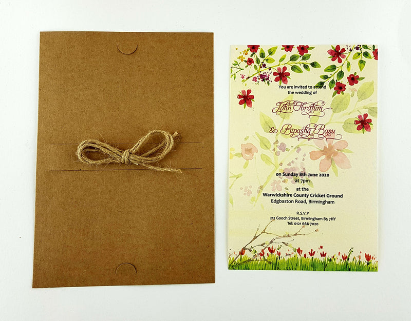 SC 2766 Layered kraft, twine burgundy and green floral invitation