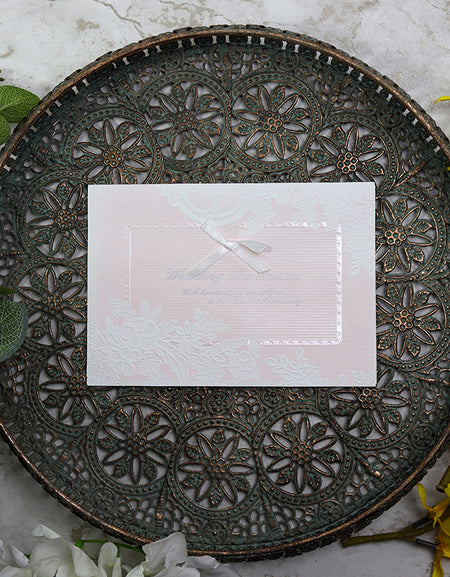 Embossed floral Powder pink satin bow Vintage Wedding Invitation 3062