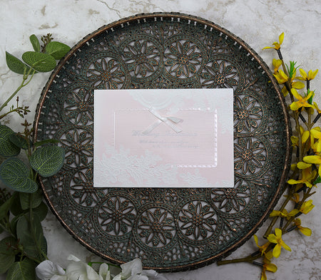 Embossed floral Powder pink satin bow Vintage Wedding Invitation 3062