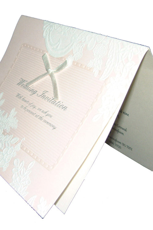 Load image into Gallery viewer, Embossed floral Powder pink satin bow Vintage Wedding Invitation 3062
