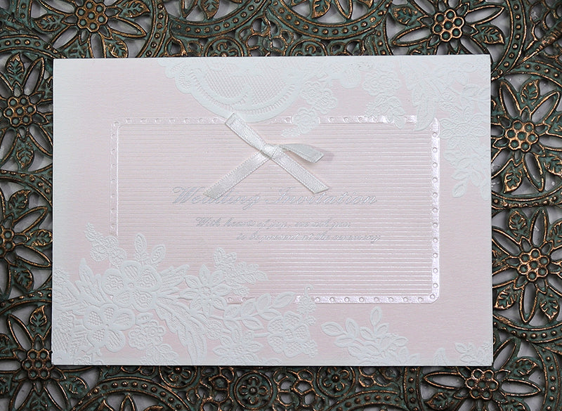 Embossed floral Powder pink satin bow Vintage Wedding Invitation 3062