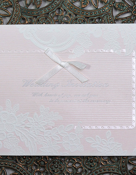 Embossed floral Powder pink satin bow Vintage Wedding Invitation 3062