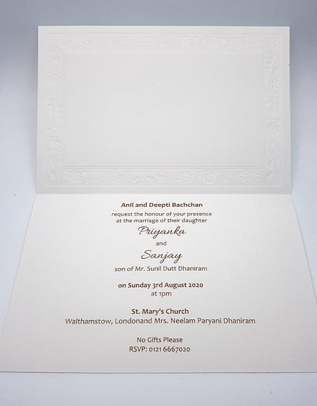 Panache 3103 Off-White Single Fold Invitation - Embossed Border with Letterpress Foiled Ganesh Design