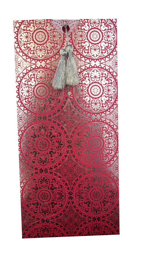 Magenta Foiled Arabesque Design pocket Invitation with silver tassel RWB