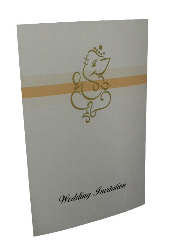 An off-white Gold Ganesh Hindu Wedding Invitation Design ABC 353