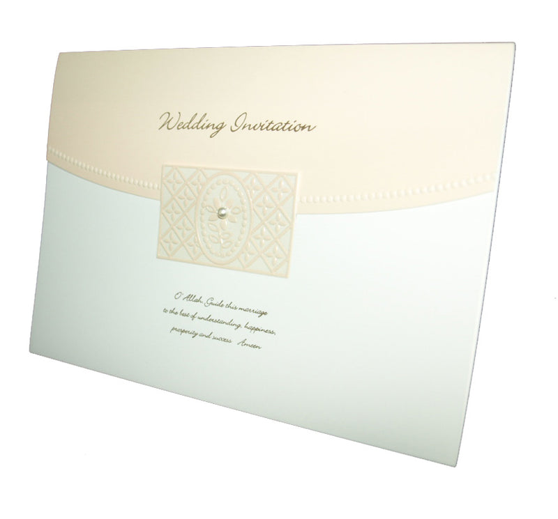 3063M Cream and Peach Islamic Wedding Invitation - 2-Fold Card with Gold Foiled Text & Pearl Diamante Accent