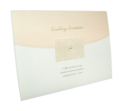 Load image into Gallery viewer, 3063M Cream and Peach Islamic Wedding Invitation - 2-Fold Card with Gold Foiled Text &amp; Pearl Diamante Accent
