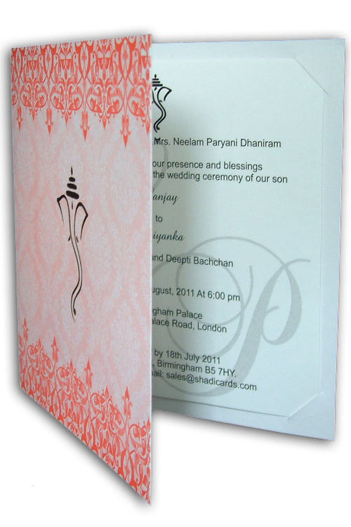 Load image into Gallery viewer, ABC 529 Red and pink damask lace Hindu Ganesh invitation
