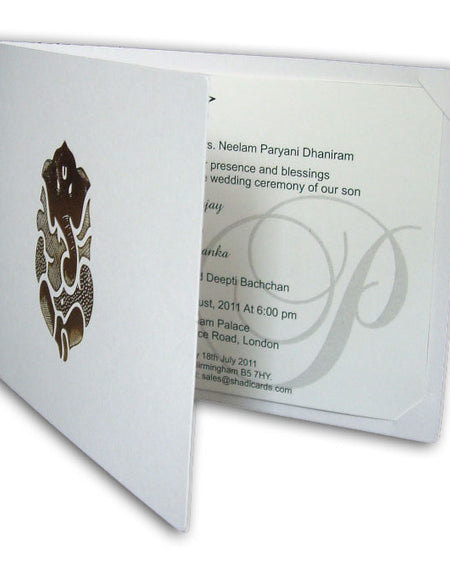 Budget white golden Ganesh Indian Hindu invitations ABC 530