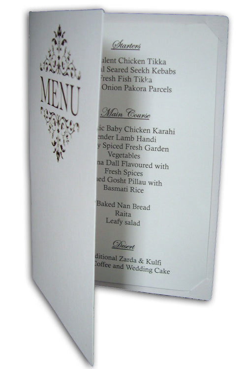 Load image into Gallery viewer, ABC 531 Floral gold letterpressed designed menu on white card
