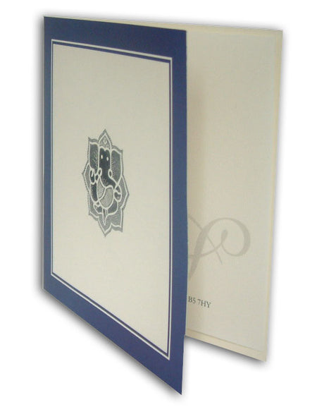 ABC 514 ecru Hindu invitations with a twin navy blue line border