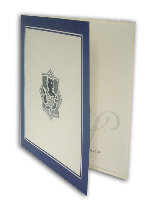Load image into Gallery viewer, ABC 514 ecru Hindu invitations with a twin navy blue line border
