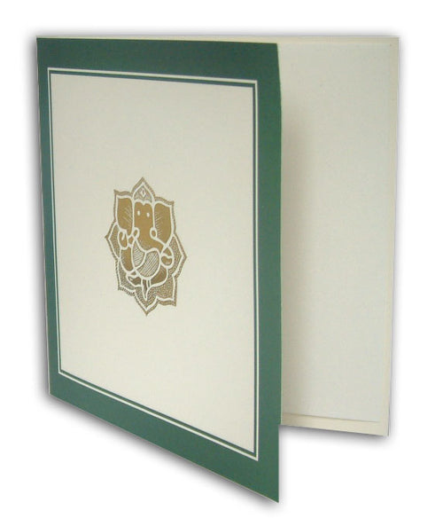 Load image into Gallery viewer, ABC 515 ecru Hindu invitations with a twin forest green line border
