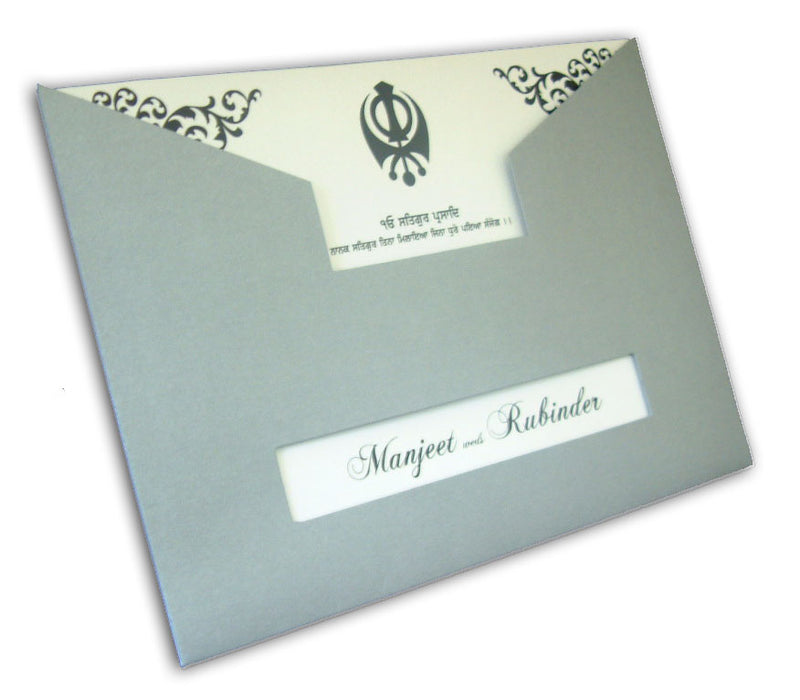 ABC 465 Pearlescent silver designer pocket sleeve sikh invitations