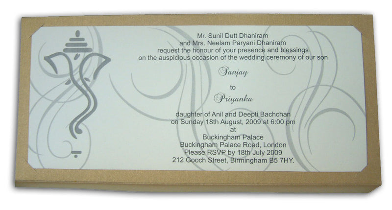 Pearlescent Gold and silver Hindu Ganesh Party invitations ABC 470