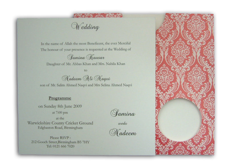 ABC 419 Amaranth red damask design pocket invitations