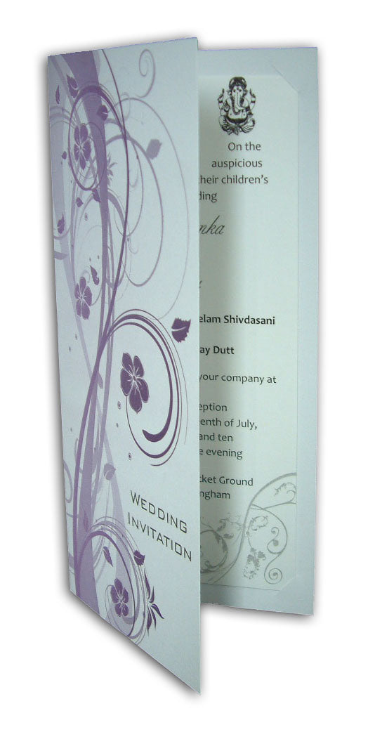ABC 523 Oyster white wedding invitation whimsical fronds in lavender