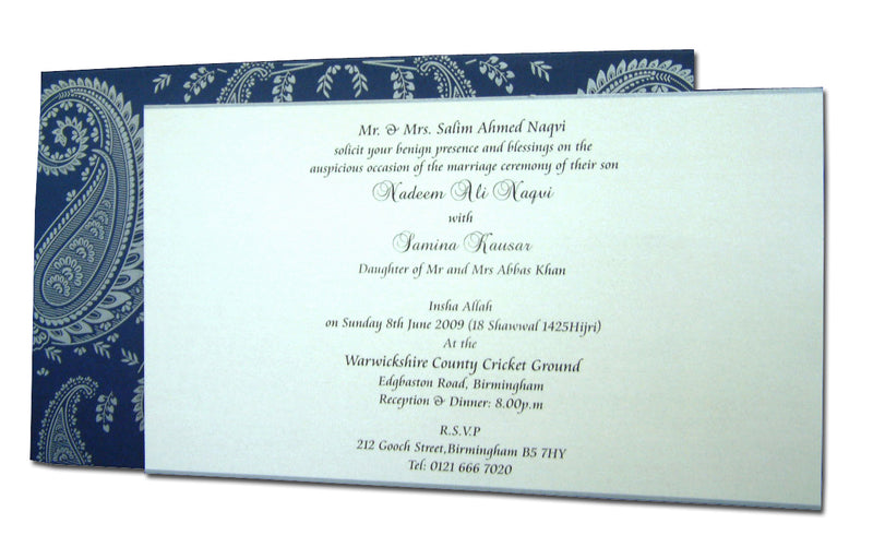 HW054 Navy Blue and silver paisley Indian invitations