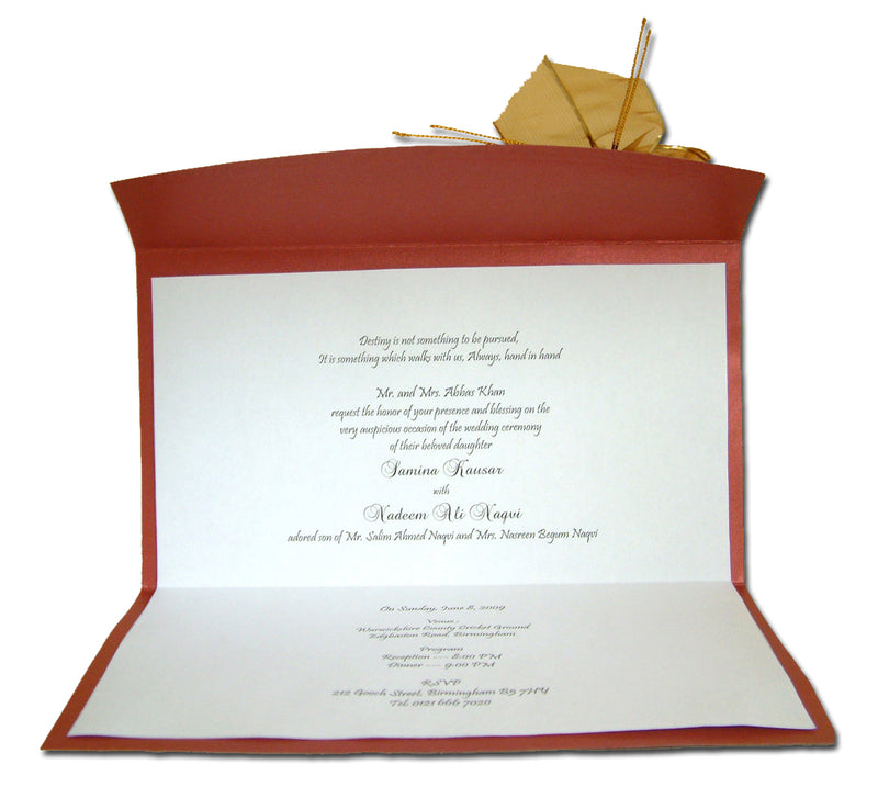 T056I Maroon card and gold ribbon bow invitation