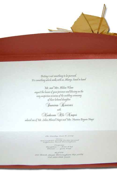 Load image into Gallery viewer, T056I Maroon card and gold ribbon bow invitation
