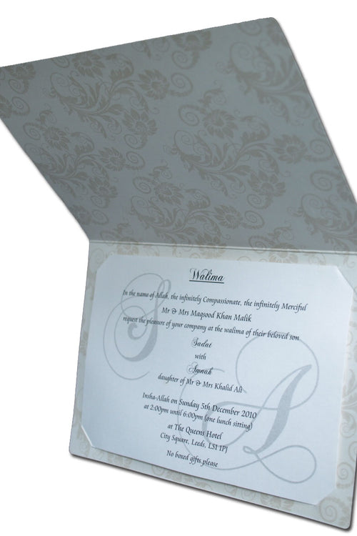 Load image into Gallery viewer, ABC 605 Lavender damask silver foiled Muslim party invitation
