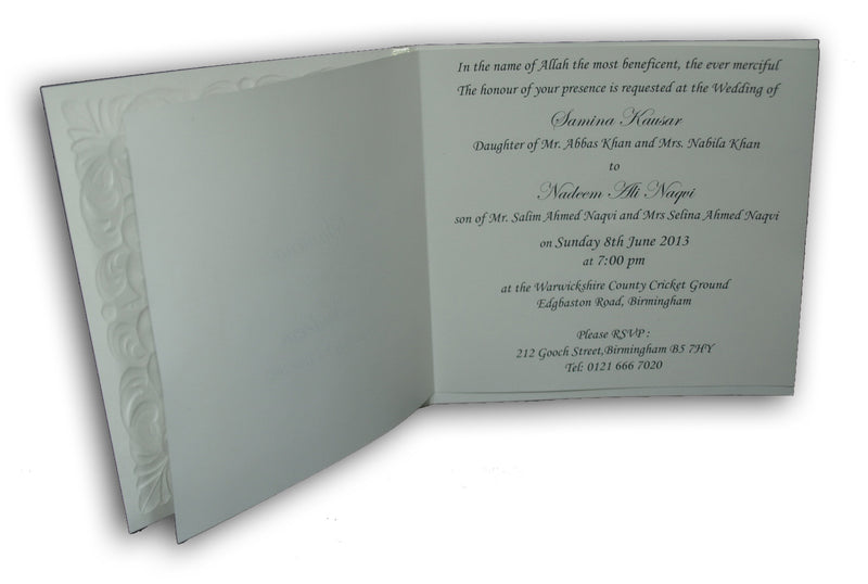 Angled shot of 8701 invitation displaying its embossed texture and personalised cutout window design.