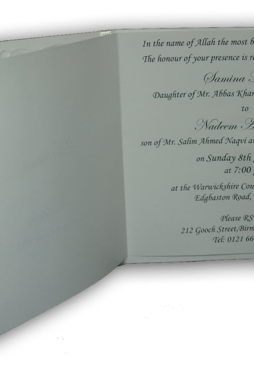 Load image into Gallery viewer, Angled shot of 8701 invitation displaying its embossed texture and personalised cutout window design.
