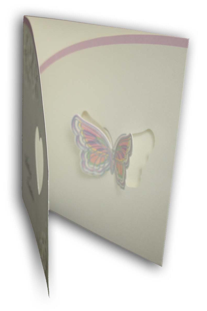 Close-up of the heart-shaped cutout on 8108 Invitation, showcasing the lavender cardstock and silver foil accents, creating a romantic and sophisticated look