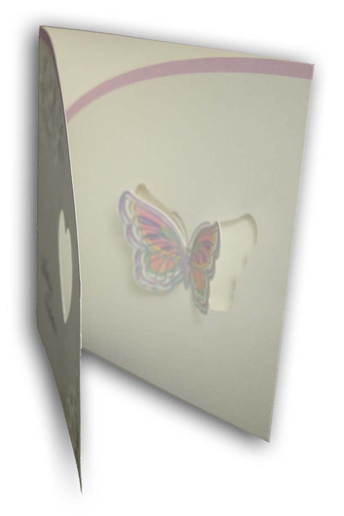 Load image into Gallery viewer, Close-up of the heart-shaped cutout on 8108 Invitation, showcasing the lavender cardstock and silver foil accents, creating a romantic and sophisticated look
