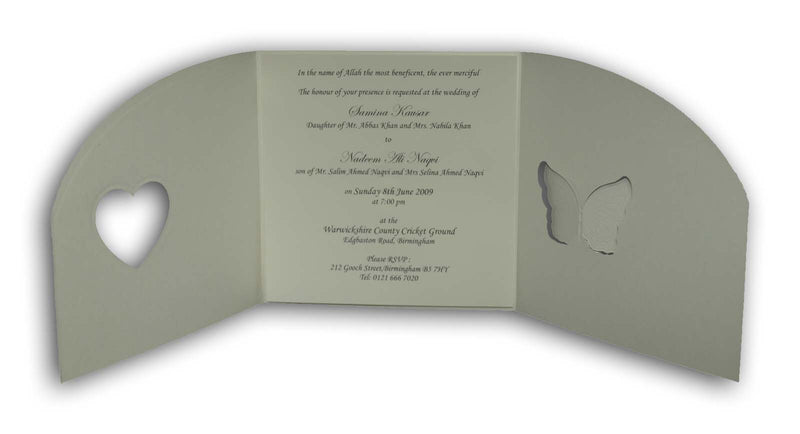 8108 Square Lavender Invitation displayed with its matching envelope, featuring a silver foil butterfly and heart cutout design for a cohesive and elegant stationery set