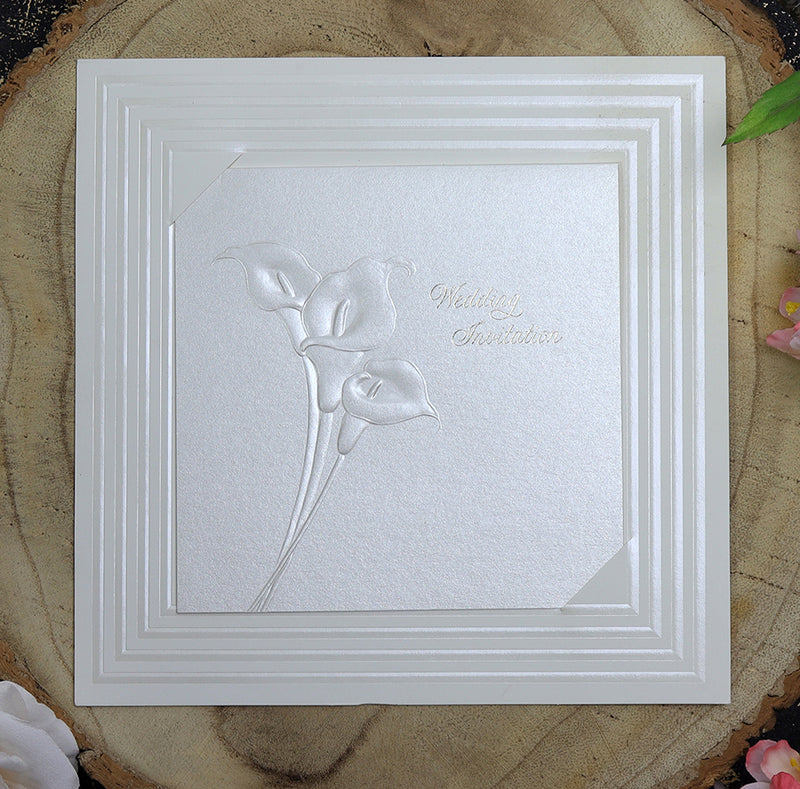 Elegant Square White Lilies in framed Marriage invitation card Panache 5002