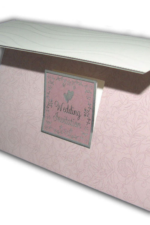 Load image into Gallery viewer, 5050 Silver and pink love hearts folded wedding invitation card
