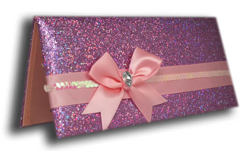 Load image into Gallery viewer, T067 Pink Padded single fold glitter fabric bow invitation

