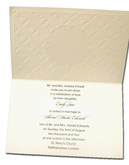Open view of Panache 5079 Invitation, revealing the portrait layout and embossed details, ideal for budget-friendly yet elegant wedding stationery