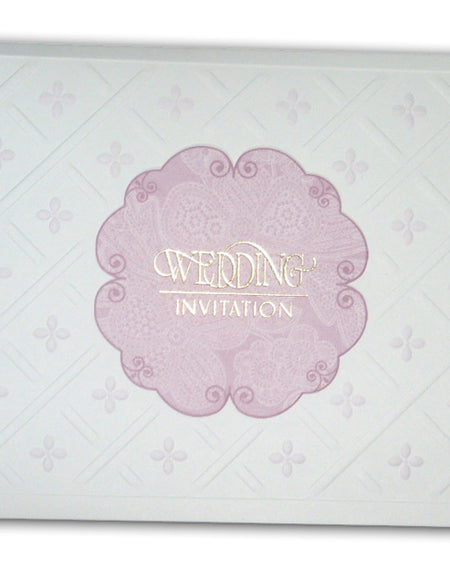 Front view of Panache 5079 Pink Ornamental Wedding Invitation, showcasing a pink design with embossed purple and white accents and gold 'Wedding Invitation' text, priced affordably.
