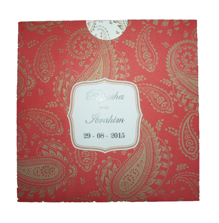 Red and gold Paisley design Asian Pocket Invitation PSQ 101