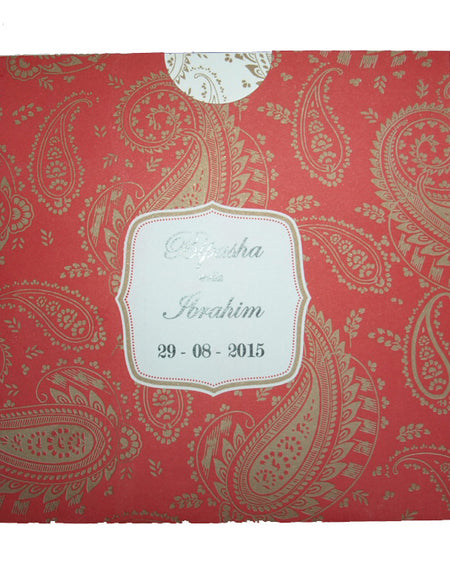 Red and gold Paisley design Asian Pocket Invitation PSQ 101