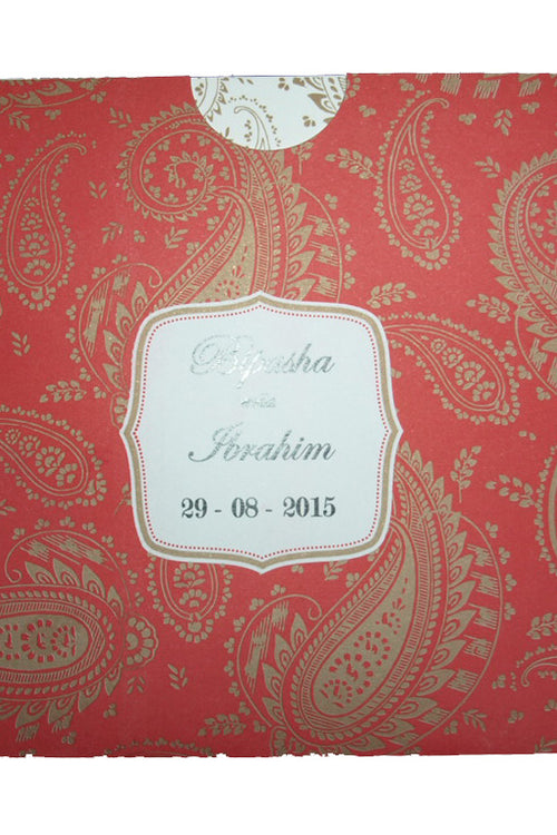 Load image into Gallery viewer, Red and gold Paisley design Asian Pocket Invitation PSQ 101
