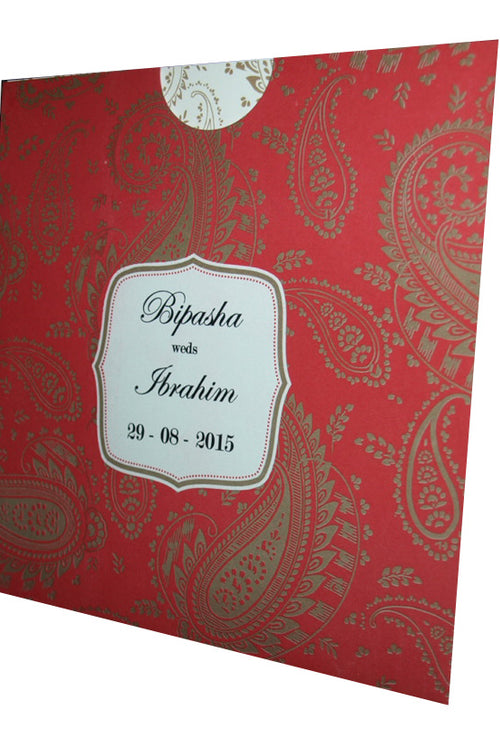 Load image into Gallery viewer, Red and gold Paisley design Asian Pocket Invitation PSQ 101
