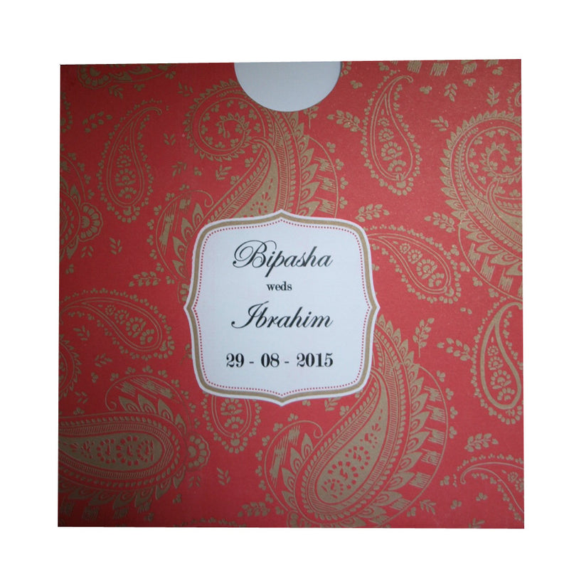 Red and gold Paisley design Asian Pocket Invitation PSQ 101