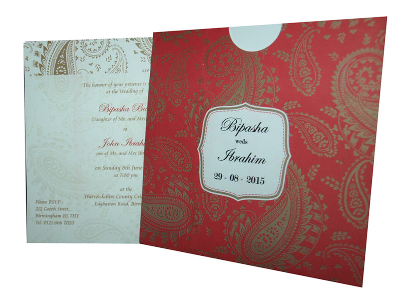 Red and gold Paisley design Asian Pocket Invitation PSQ 101