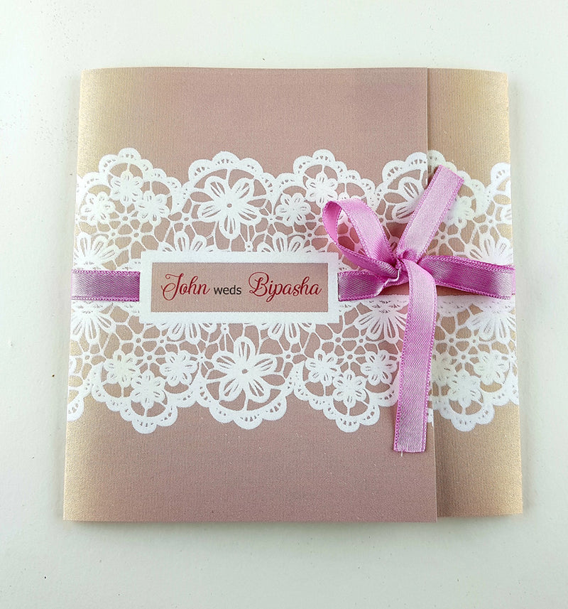 Dusty Pink Square Ribbon & Lace Invitation SC 5594