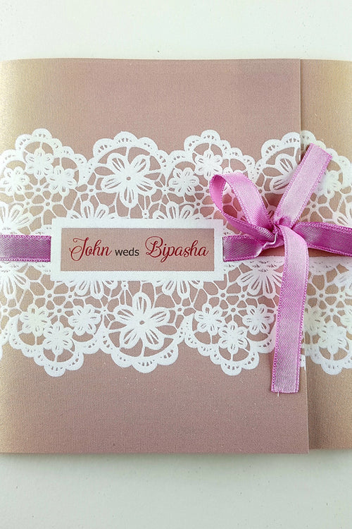 Load image into Gallery viewer, Dusty Pink Square Ribbon &amp; Lace Invitation SC 5594
