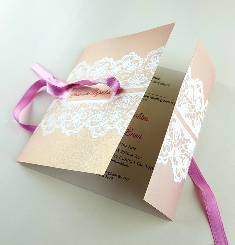 Dusty Pink Square Ribbon & Lace Invitation SC 5594