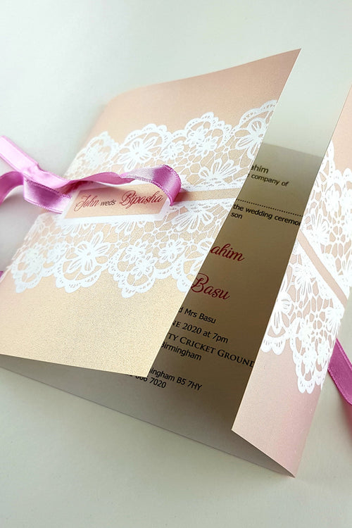 Load image into Gallery viewer, Dusty Pink Square Ribbon &amp; Lace Invitation SC 5594
